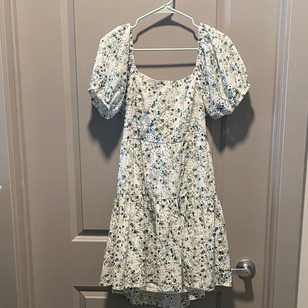Jessica Simpson Floral Dress L Puff Sleeve Open Back Cotton Cottagecore Boho